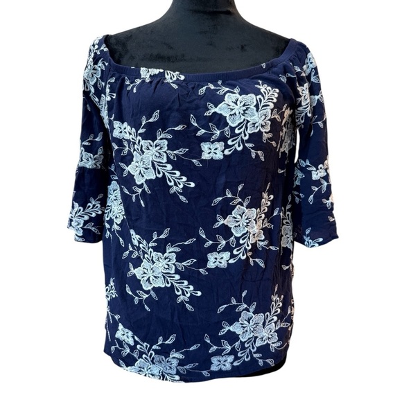 Luxe Apothetique Tops - Elegant Navy Floral Off-Shoulder Blouse